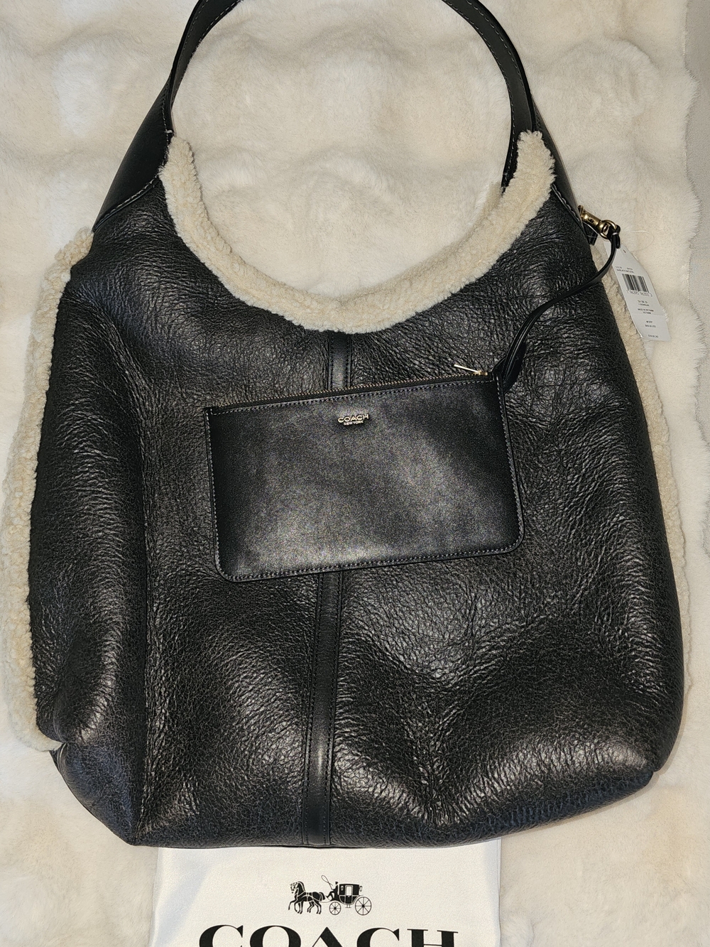 Coach Brooklyn 39 Black Leather Hobo with Shearling Trim And Matching Wristlet